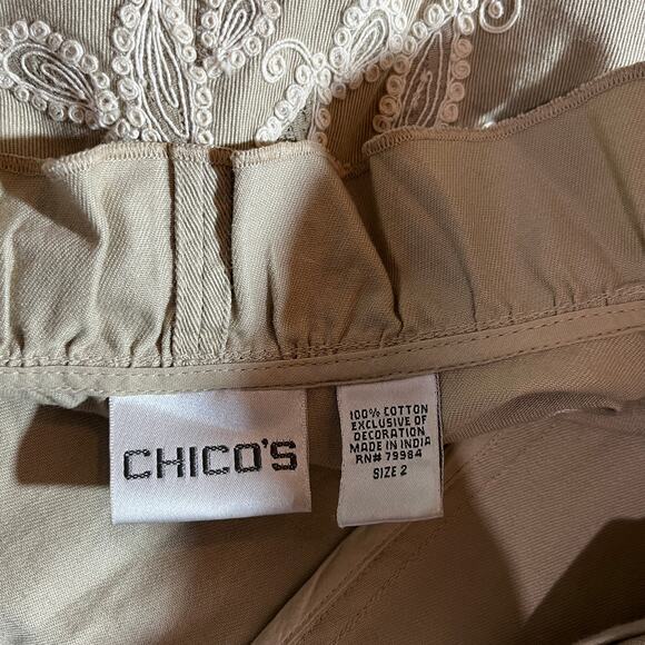 Chico's Blazer Jacket Womens Size 2 US Large Tan Ruffle Trim Embroidered Paisley - Picture 5 of 8